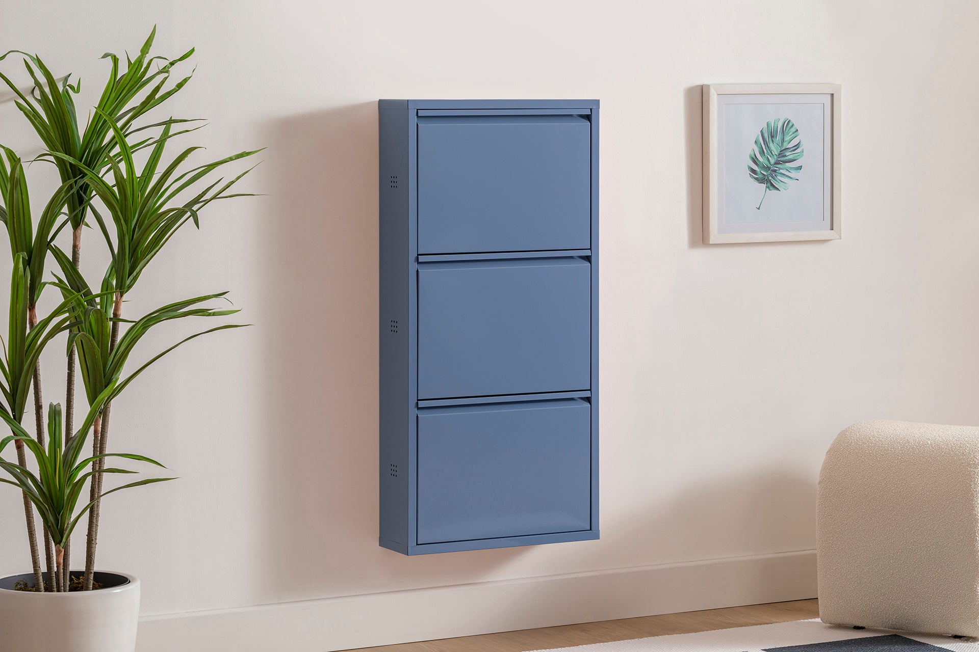 3 Shelves Metal Shoe Storage Cabinet Blue