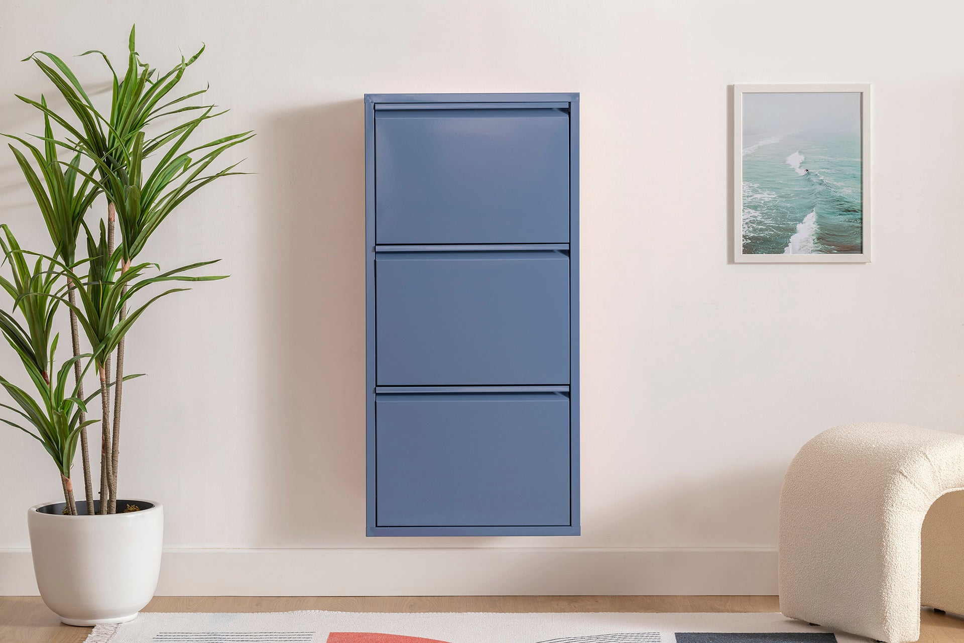 3 Shelves Metal Shoe Storage Cabinet Blue