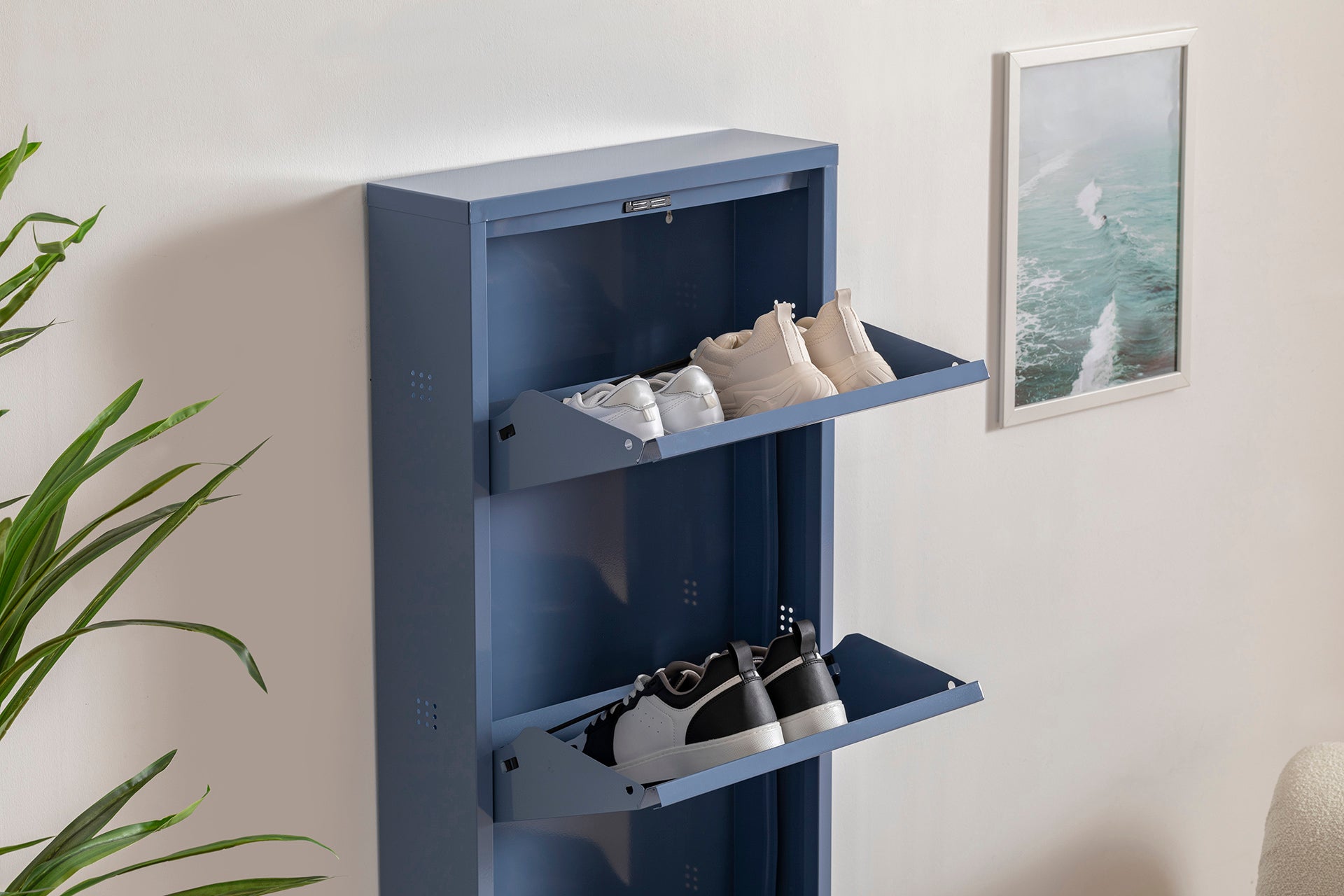 3 Shelves Metal Shoe Storage Cabinet Blue