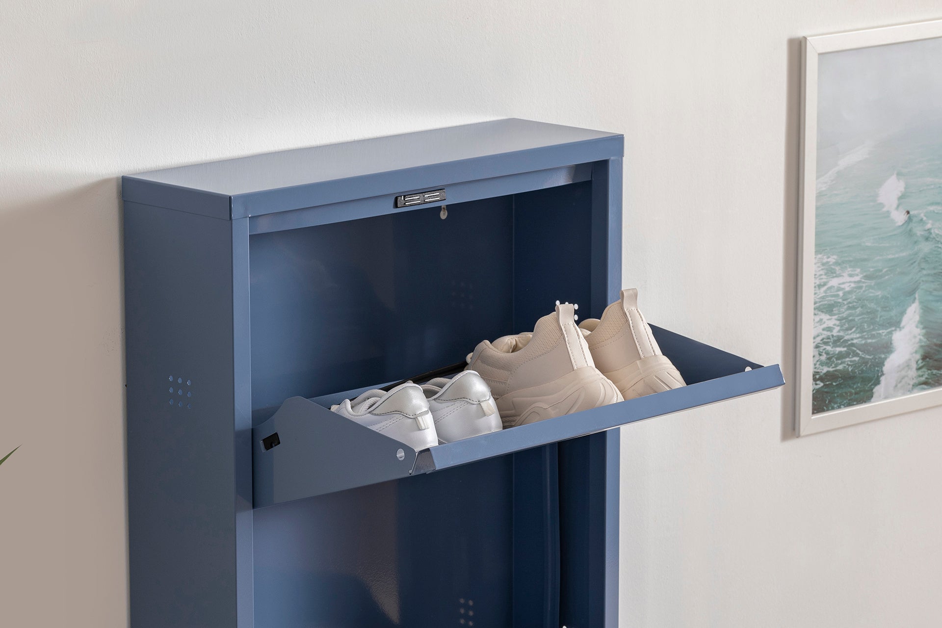 3 Shelves Metal Shoe Storage Cabinet Blue